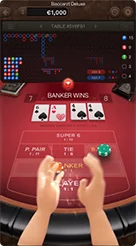 Baccarat Deluxe · Membaca papan skor elektronik TABLE #SYBP01 di bawah bilah navigasi.