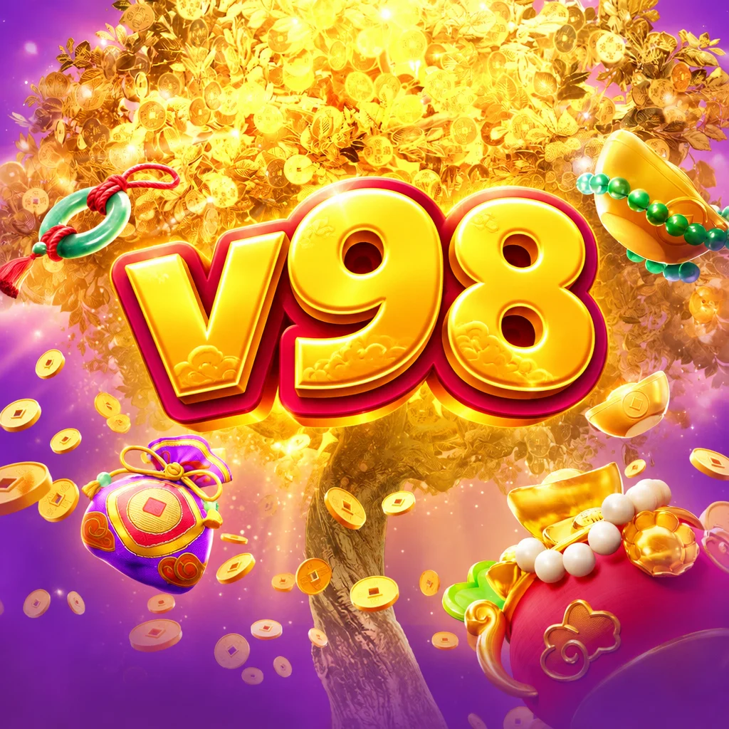 V98 menyuguhkan Prosper Ftree dengan pohon uang emas berhiaskan koin dan kantong keberuntungan